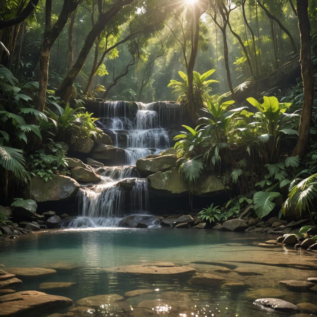 Jungle Waterfall Scene with Birdlife, Professional Photograp...