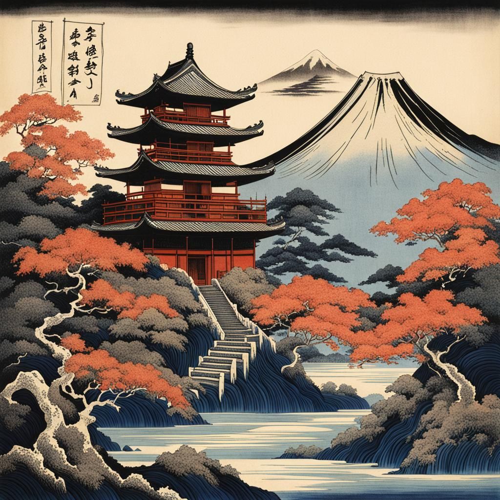Surreal Pagoda in Hokusai Style