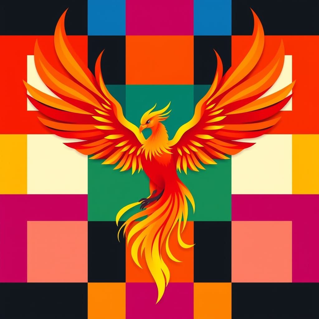 Vibrant Phoenix Rises from Grid of Squares in Bauhaus-Inspir...