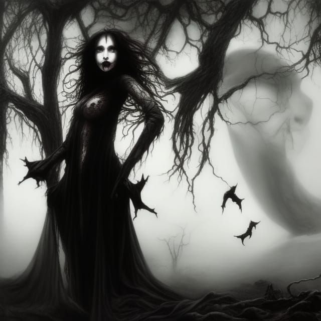 Ancient female vampire wearing a crown wings outstretched be...