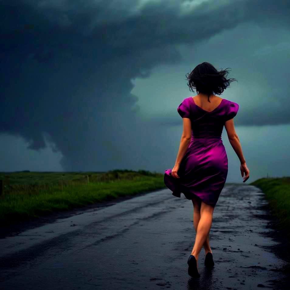 Elegant Woman Walks into a Darkening Storm