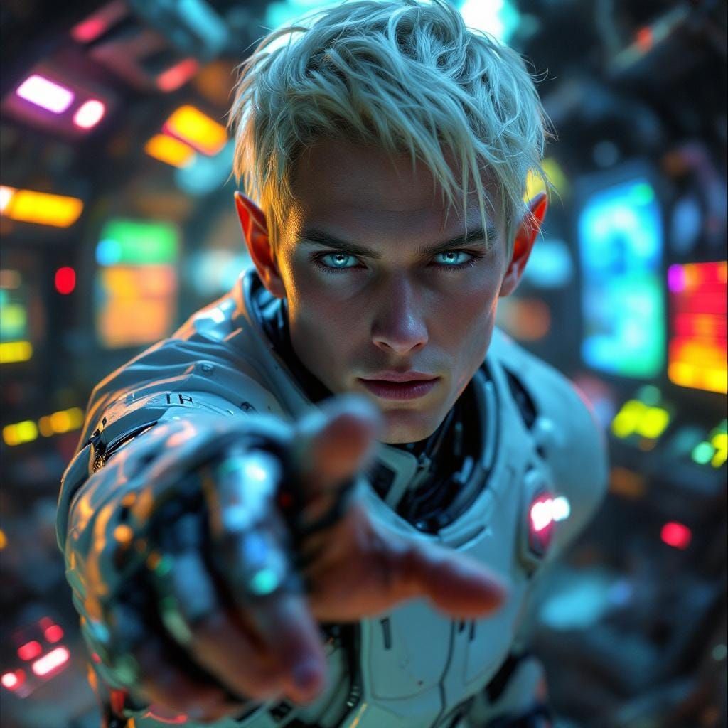 Cybernetic Elf Reaching Out in Glitching Cockpit