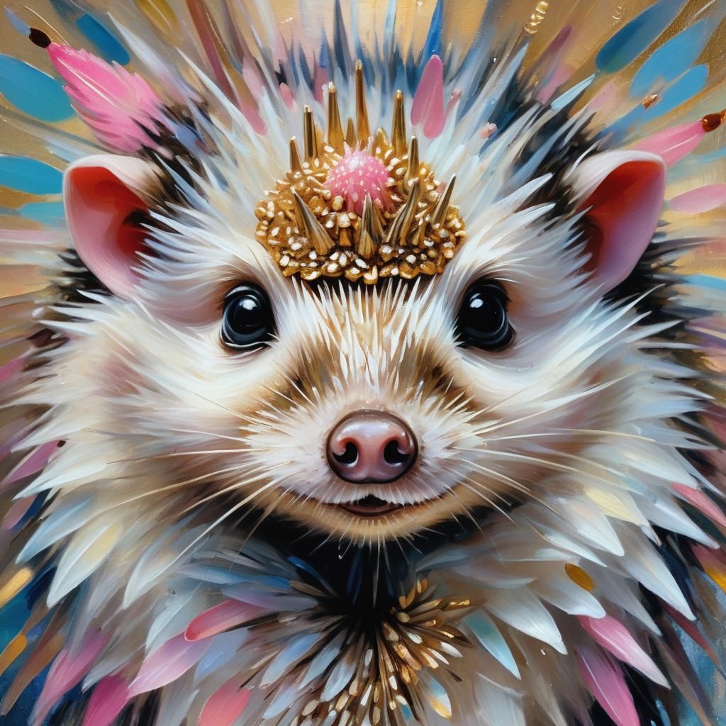 Surreal Pink Hedgehog Portrait in Klimt-Ensor Style