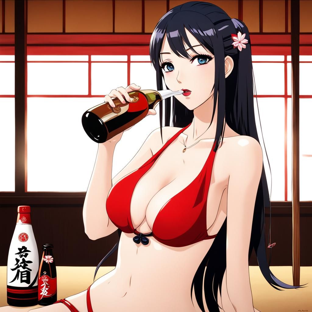 Beautiful Woman Drinking Sake in 3D Anime Style