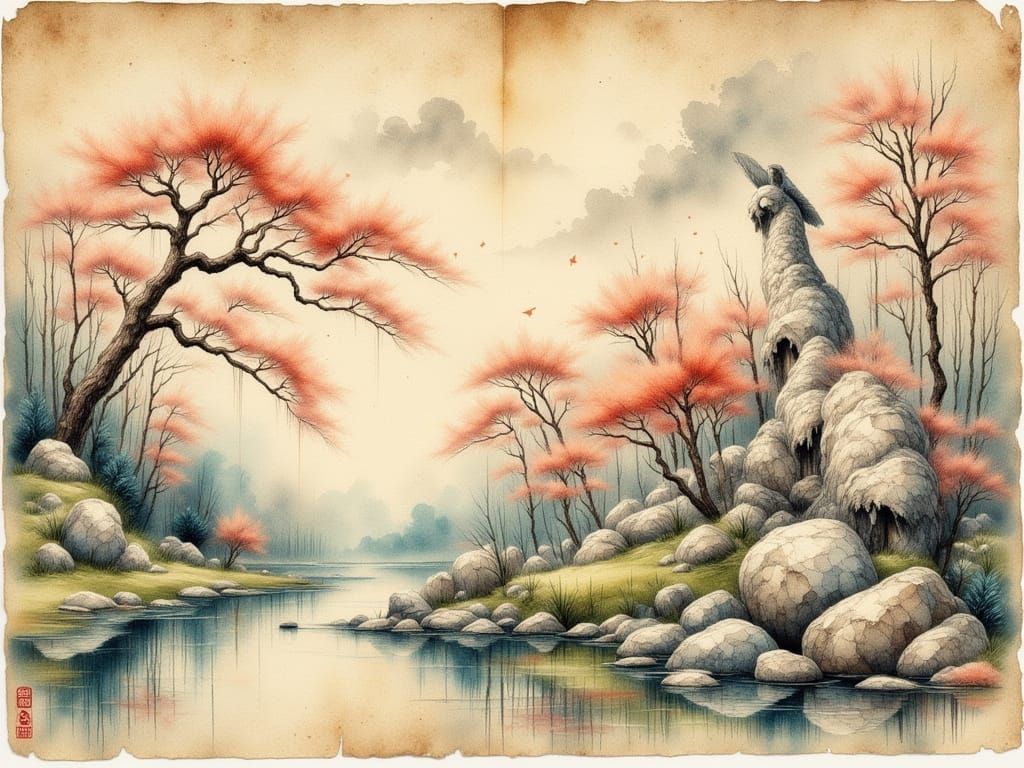 Antique Japanese Painting with Brush Strokes