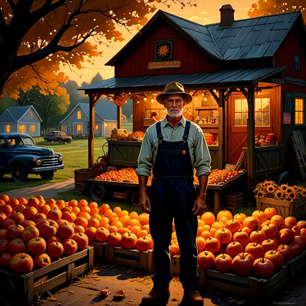 Rustic Farmstand Scene at Dusk as Oil Painting