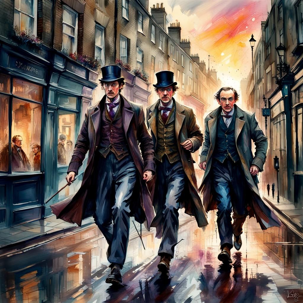 Holmes and Watson Chase Suspect, Watercolor London Art