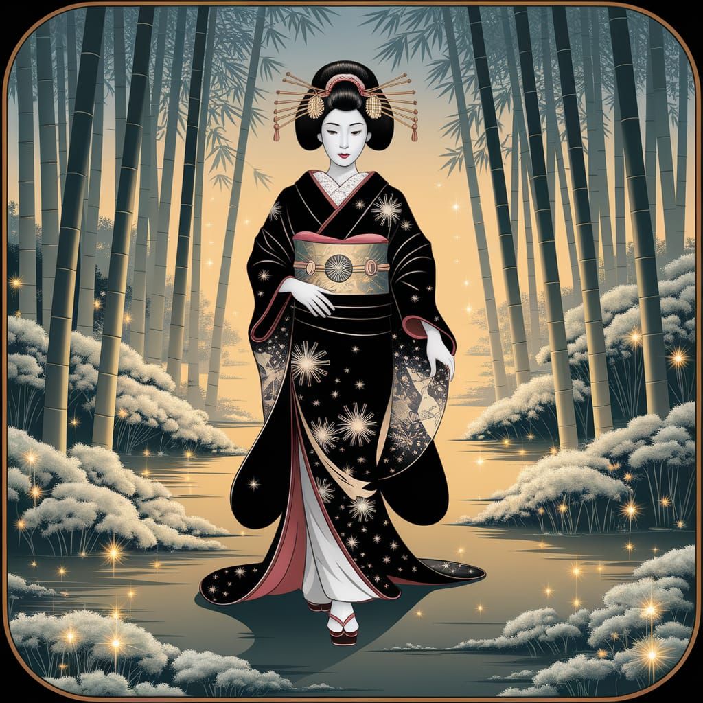 Geisha in Enchanted Bamboo Forest, Art Nouveau Style
