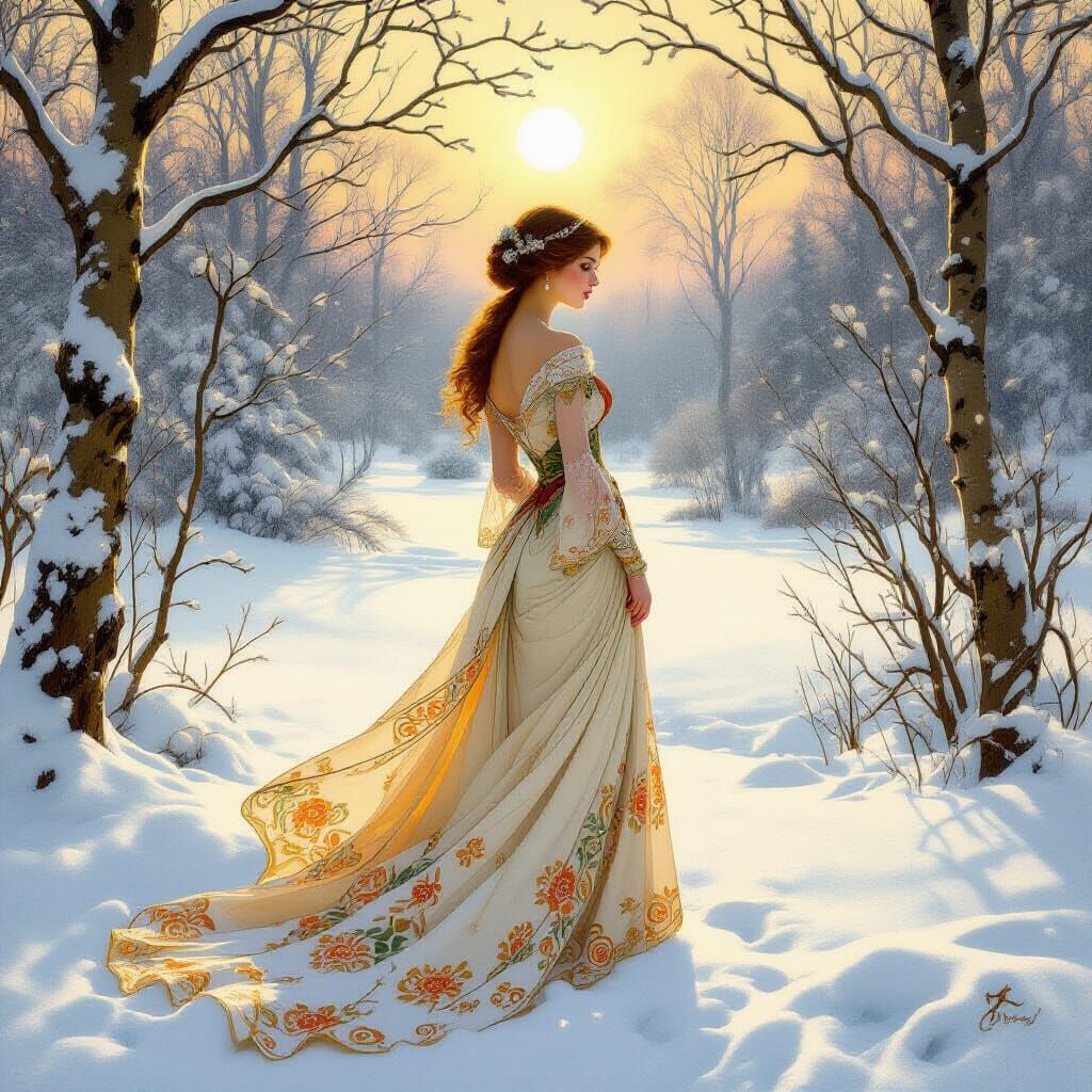 Jugendstil Woman in Serene Winter Landscape