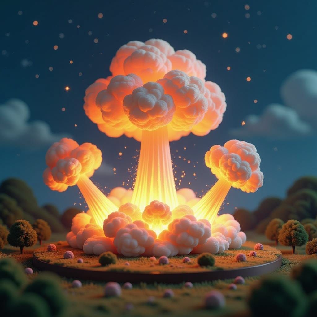 Whimsical Diorama of Miniature Atomic Explosions