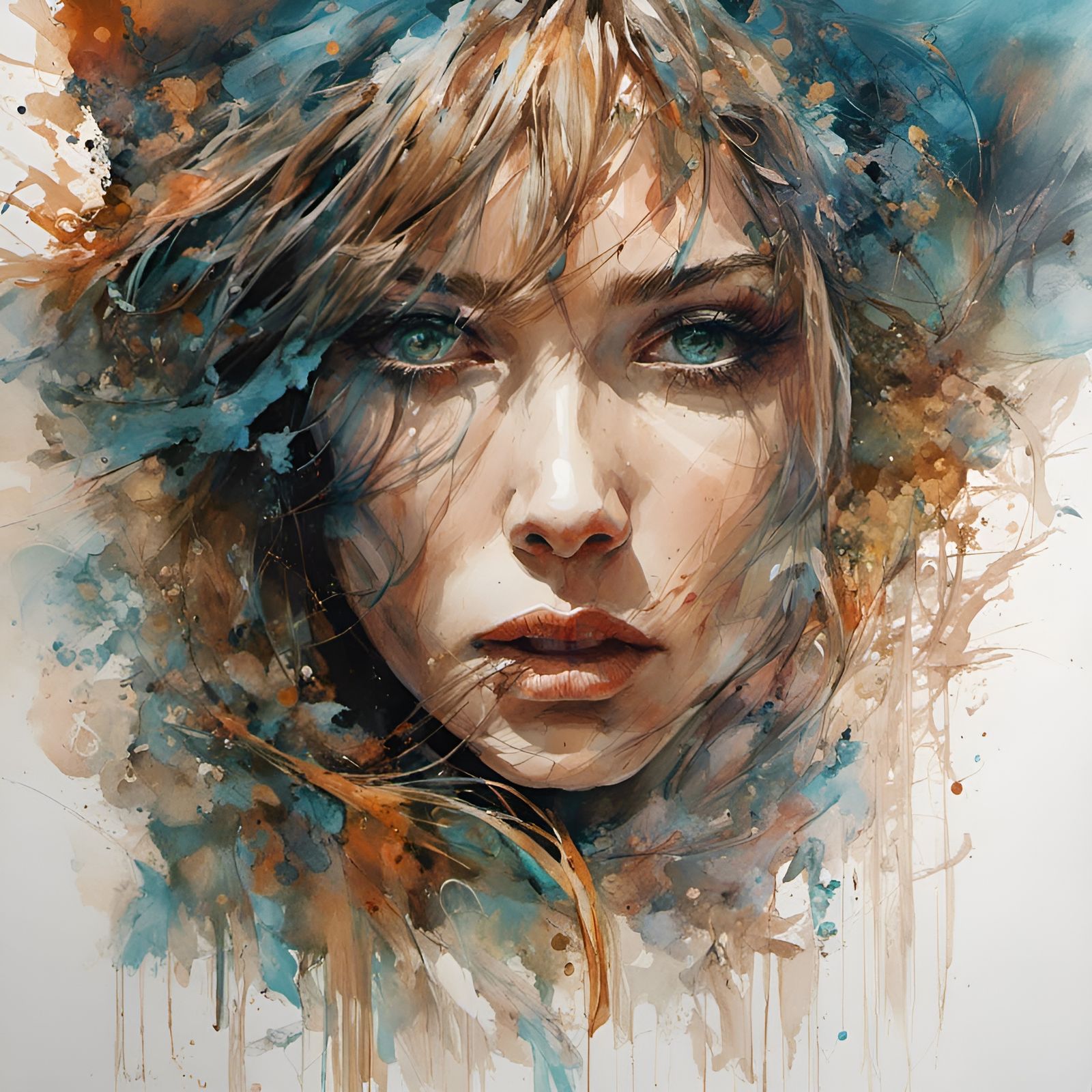 Defiant Woman with Fire Eyes, in Mixed Media Style