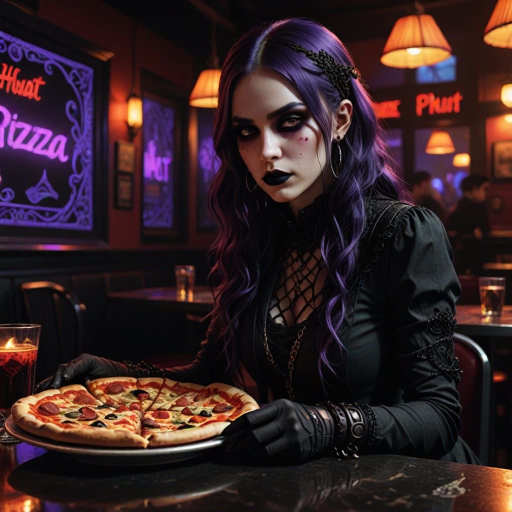 Gothic Goth Girl in Dimly Lit Pizza Hut Scene