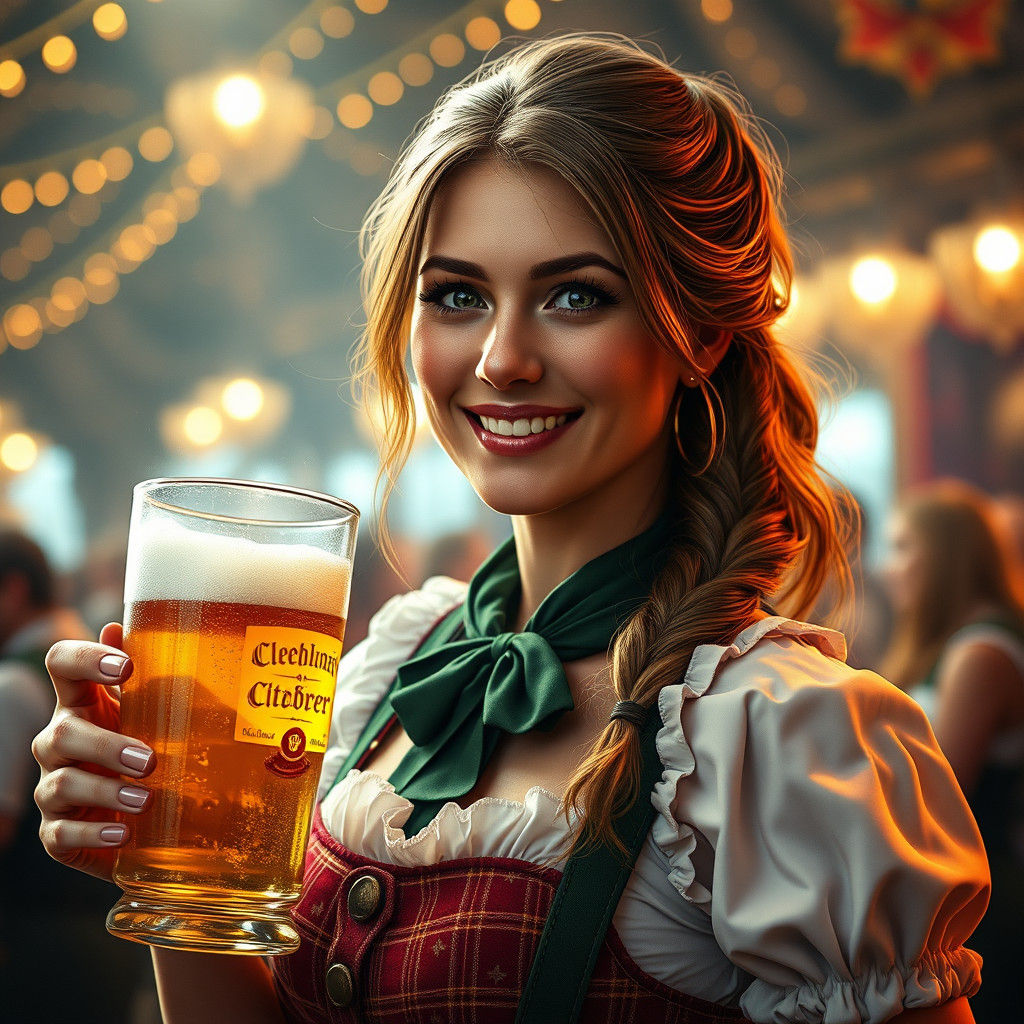 Beautiful lady waitress Kellnerin carrying beers during Oktoberfest