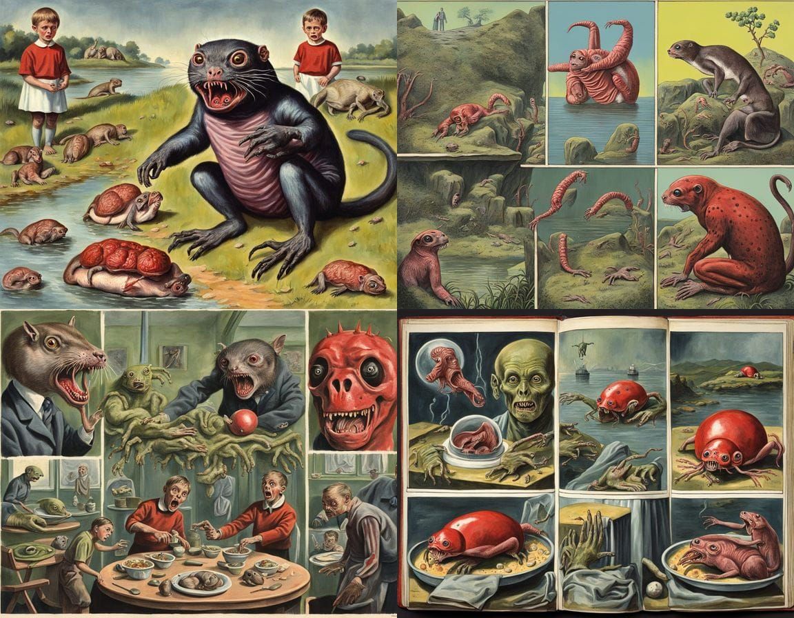 Surreal Otter Sacrifice in Whimsical Children's Book Style