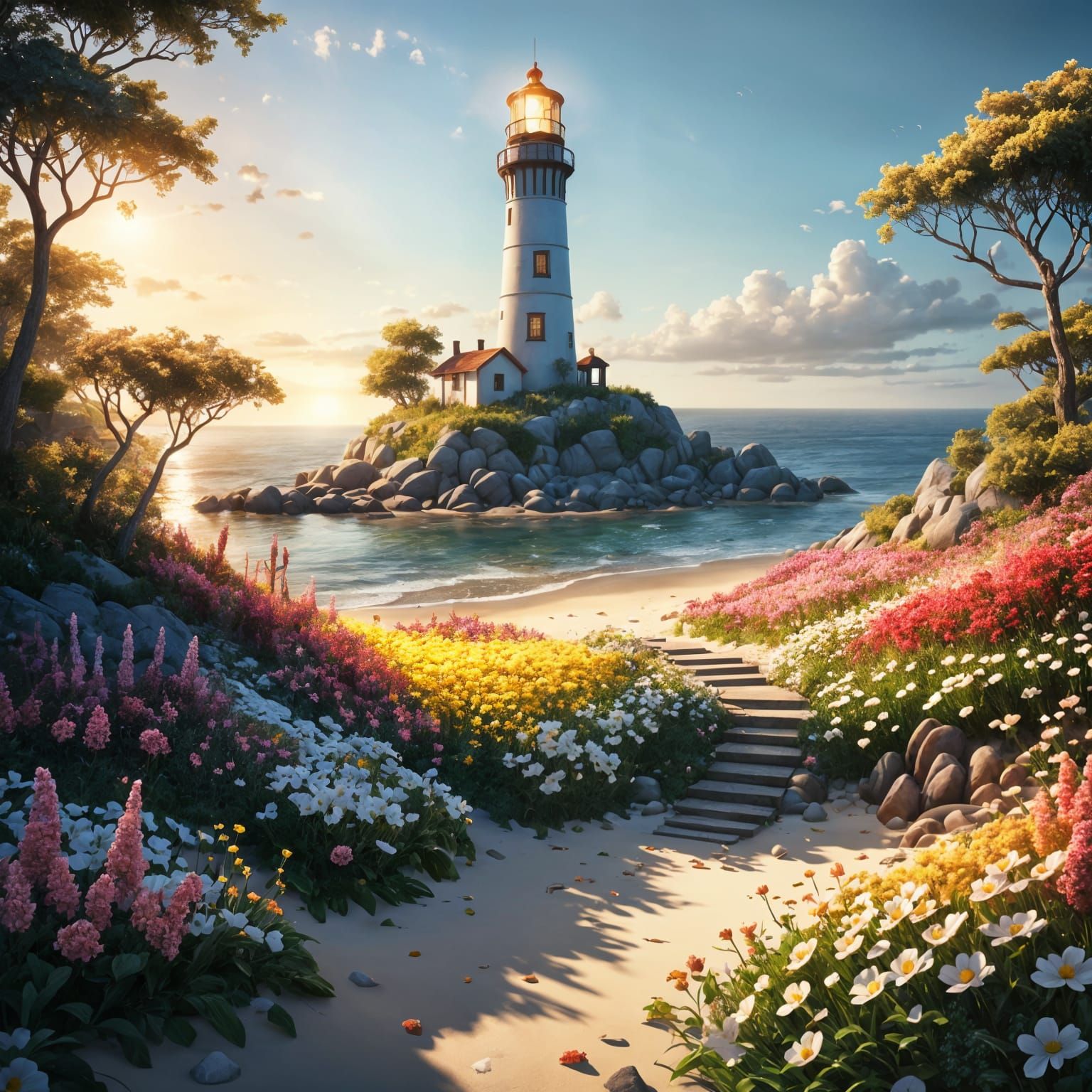 Floral Lighthouse on Secret Beach: Hyperrealistic Render