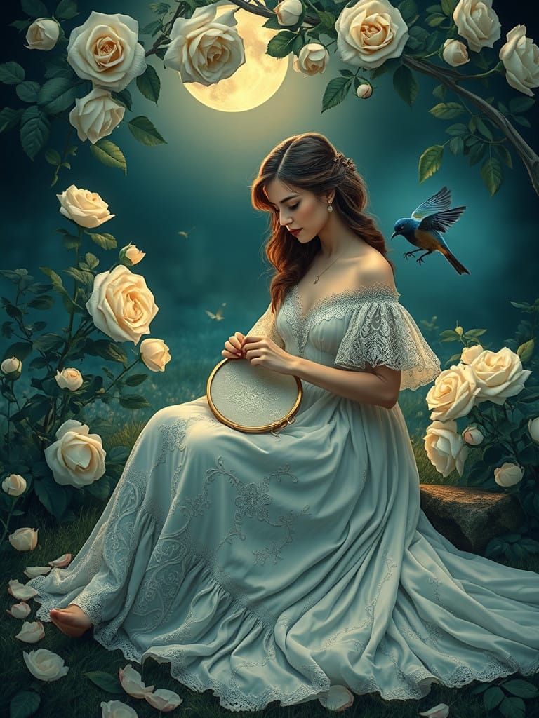 Serenely Adorned Woman Embroiders Under Blooming White Roses...