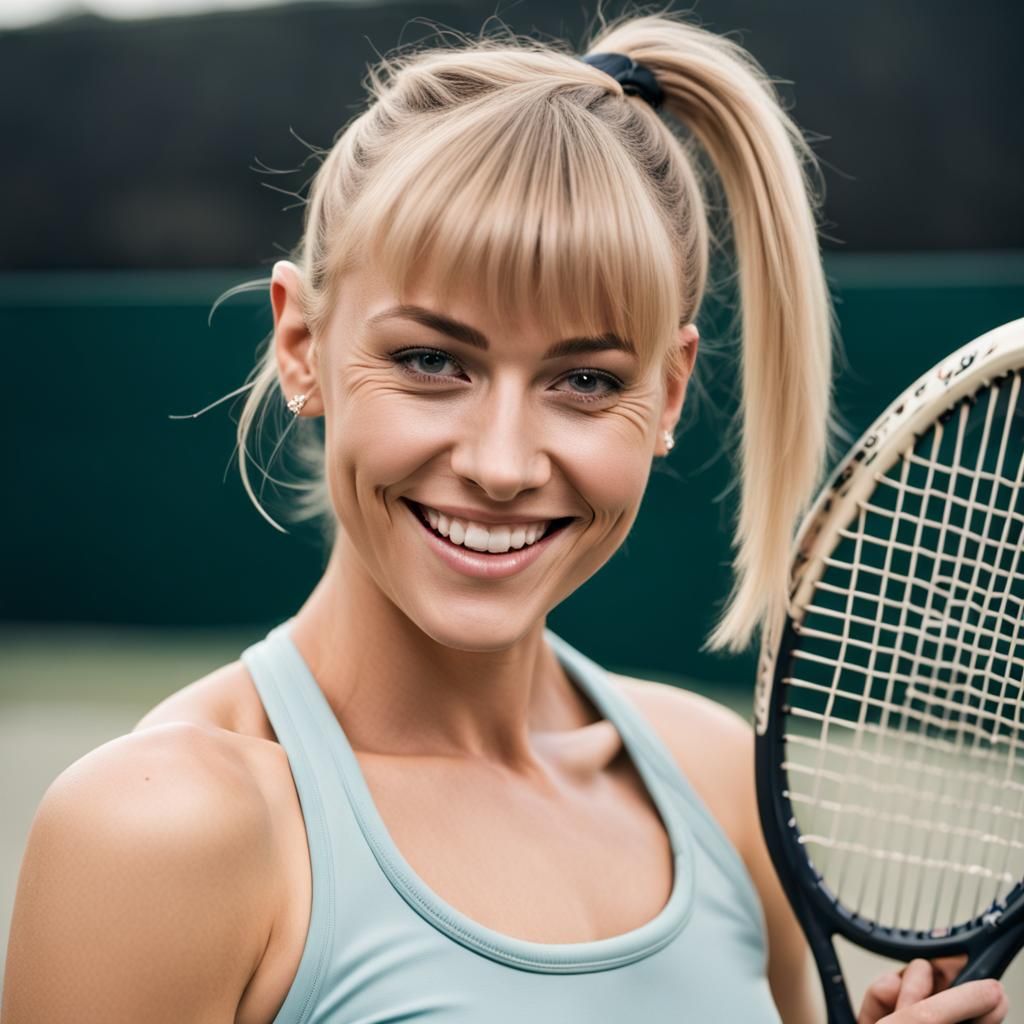 Tattooed Woman with Tennis Racket Portrait