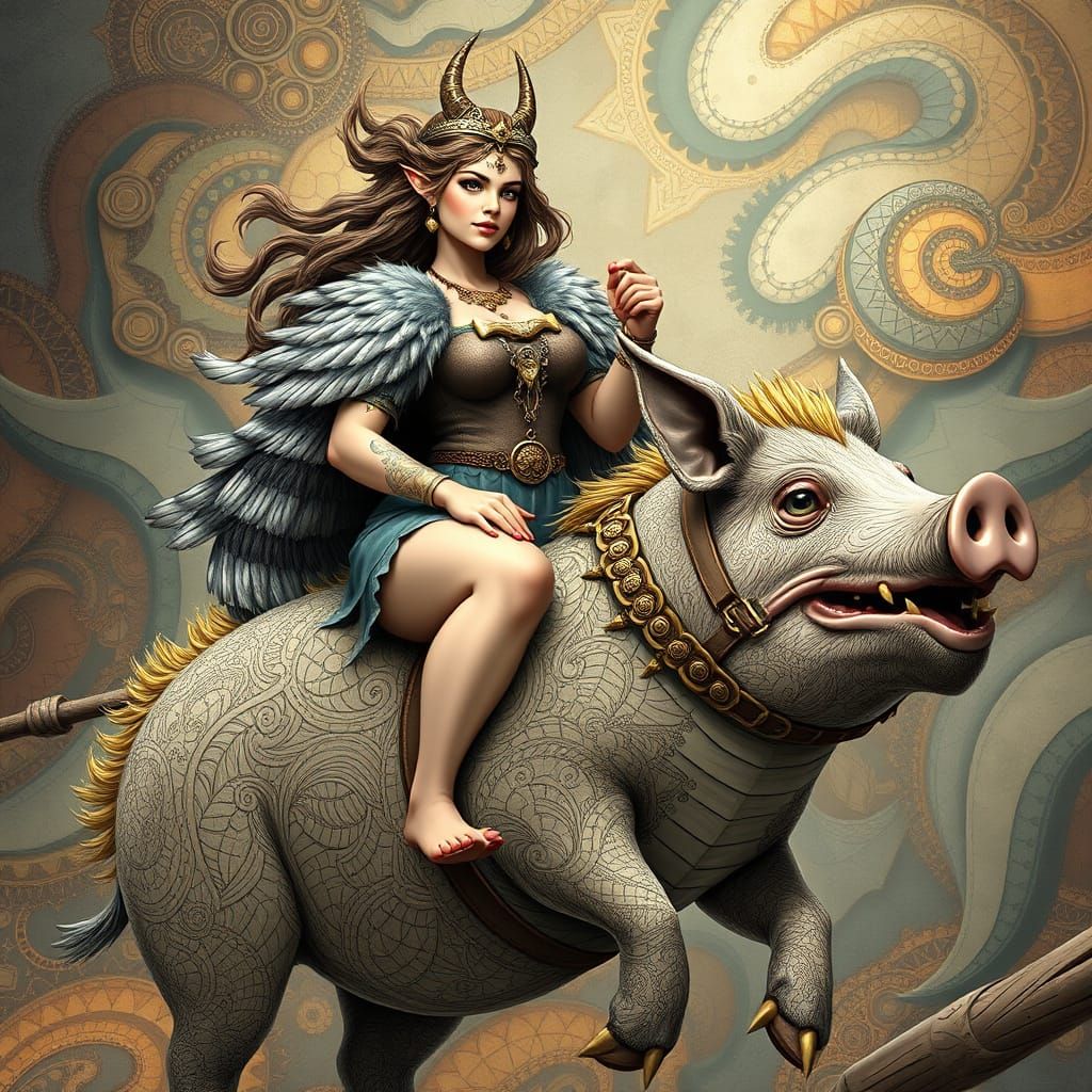Sensual Goddess Freyja Rides Golden Battle-Boar
