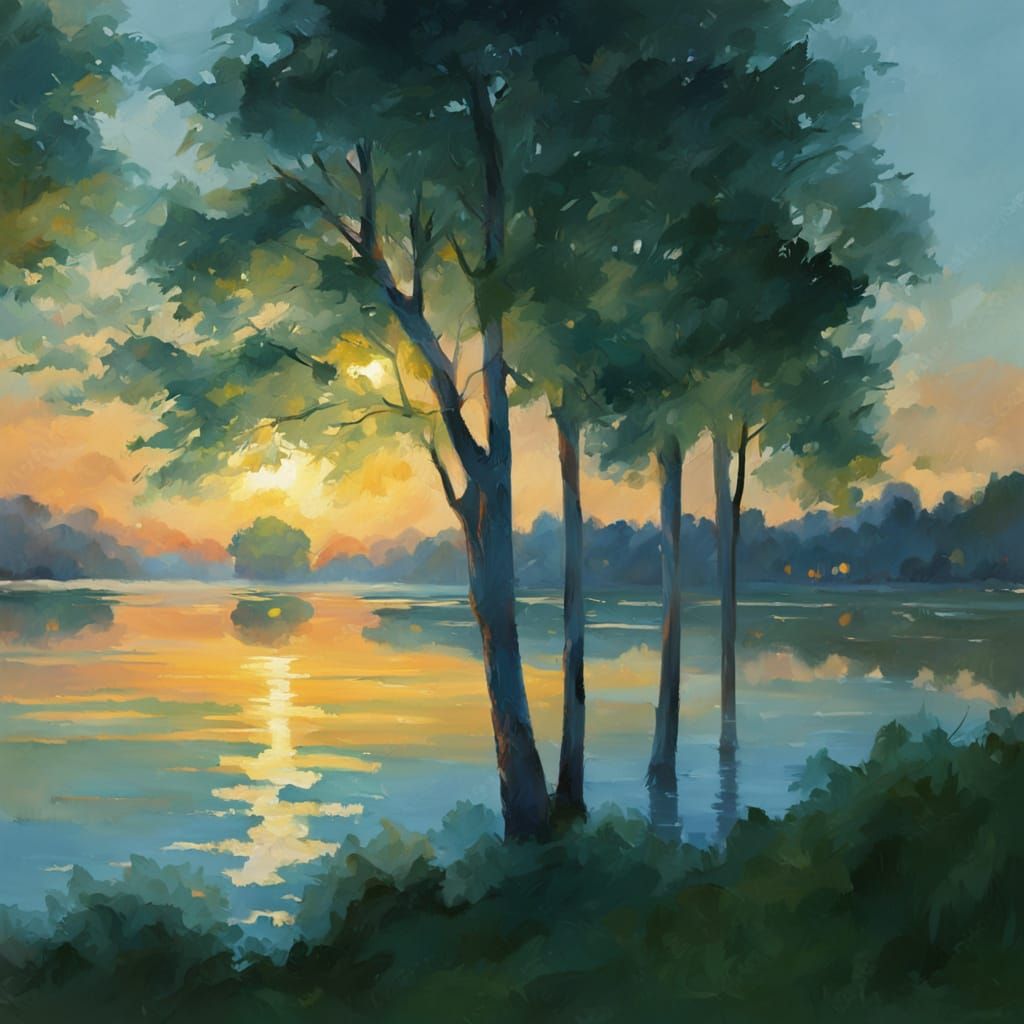 Impressionist Oil Painting of Trees by the Shore at Golden H...