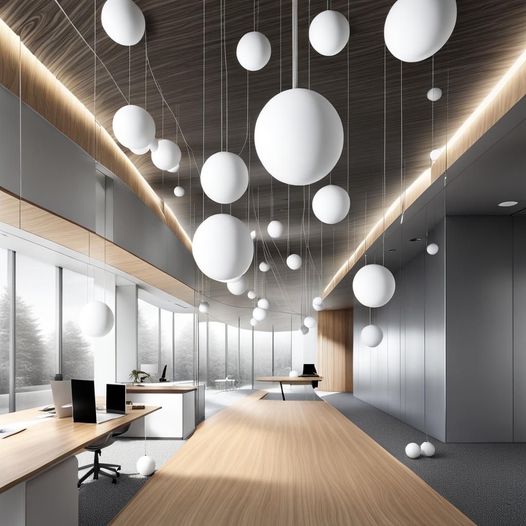 White Spheres and Minimalist Office: Charcoal Drawing