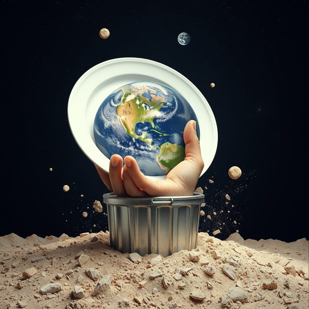 Surreal Hyperrealistic Scene of Giant Hand Tossing Earth int...