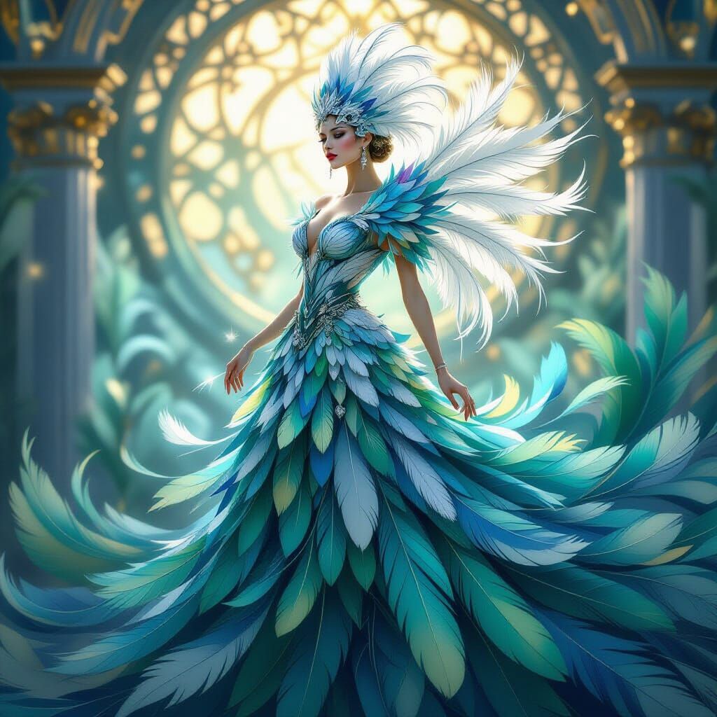 Exquisite Parrot Feather Dress in Ethereal Digital Art Style
