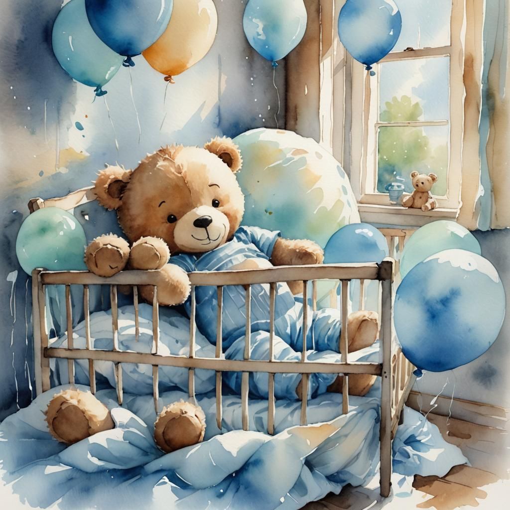 Watercolor of Baby Boy Sleeping with Teddy Bear