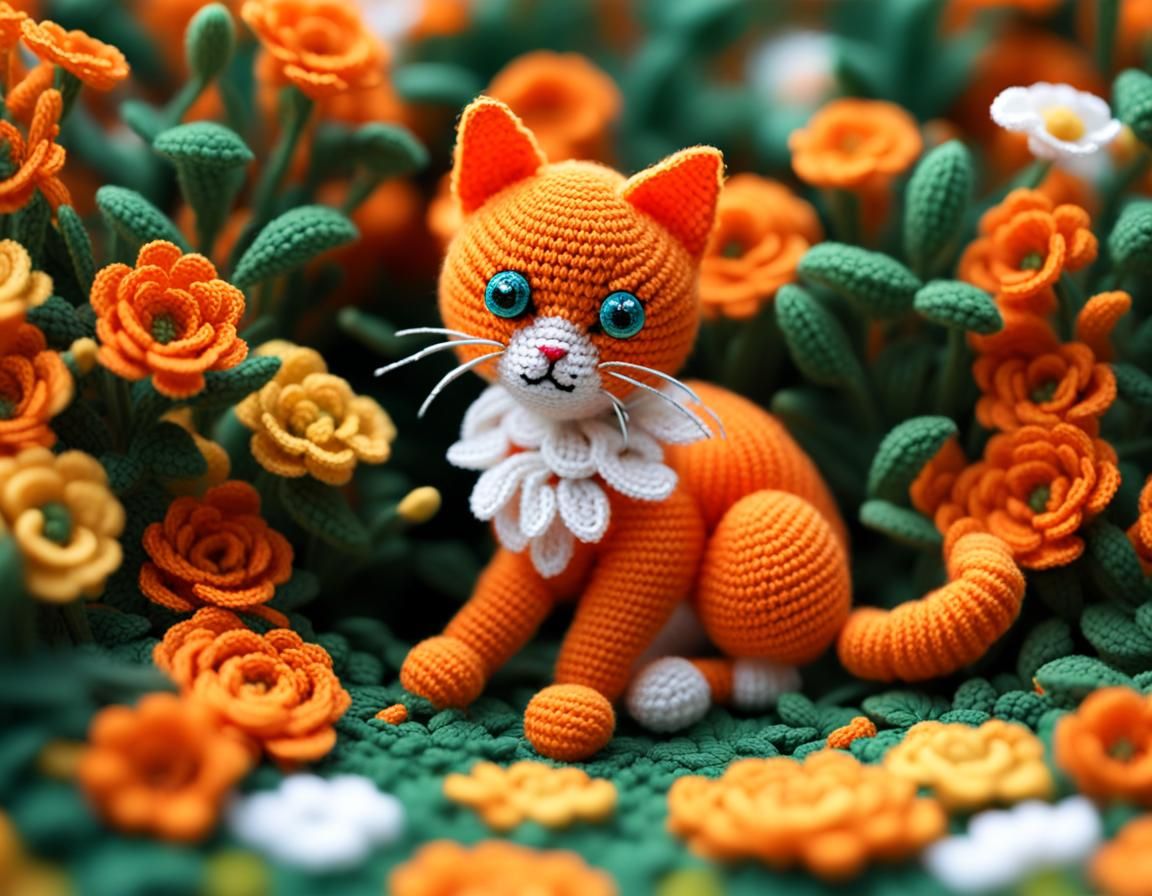 Crochet Kitten in Floral Field, Graffiti Art Style