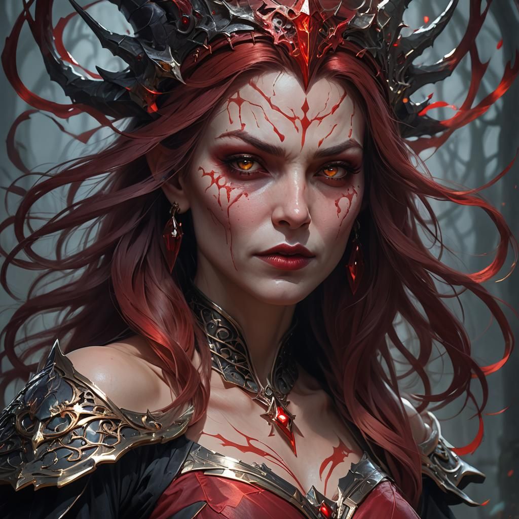 Red-Skinned Witch Portrait in Hyperdetailed Style