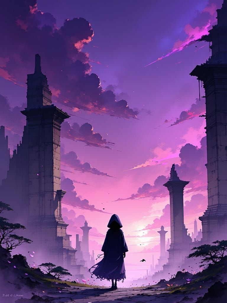 Anime Concept Art: Hooded Figure in Ancient Ruins
