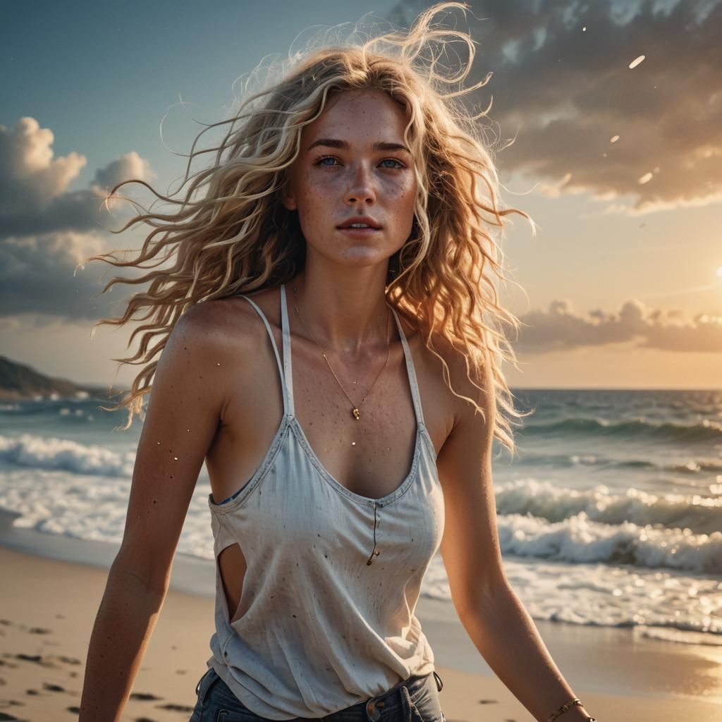 Blonde Woman on Beach in Fantasy Art Style