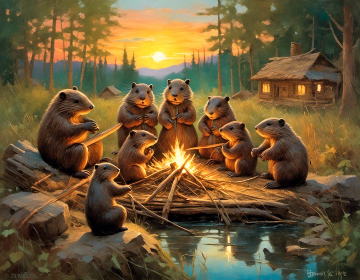 Beavers Gather Around Their Teacher at Sunset
