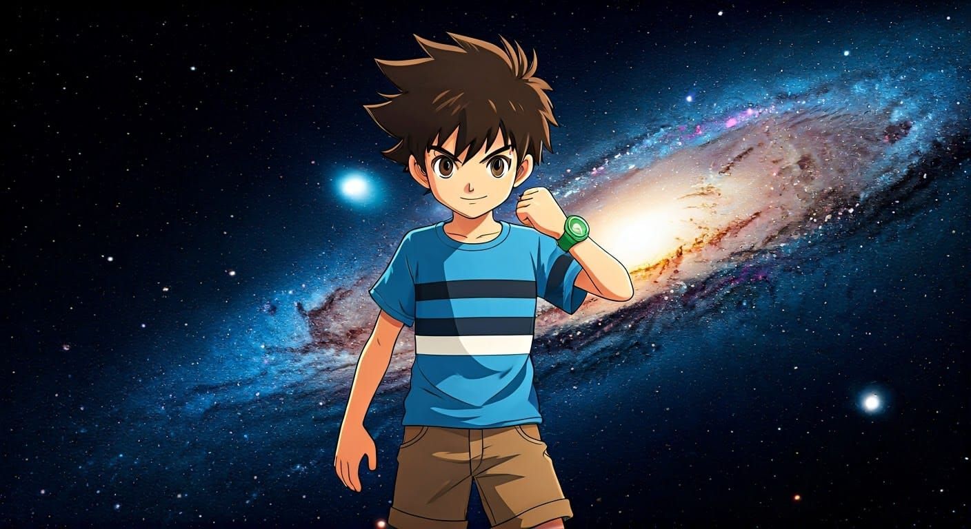 Boy Hero Poses Before Cosmic Galaxy in Manga Style