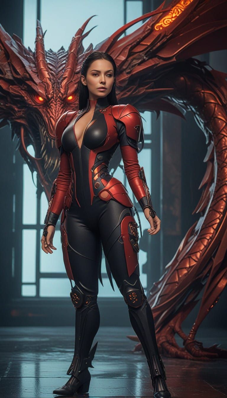 Elegant Cyberpunk Goddess with Majestic Mech-Dragon