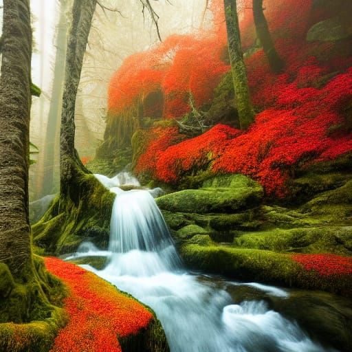Autumn Waterfalls Cascading Down Mountainside in Fantasy Art...