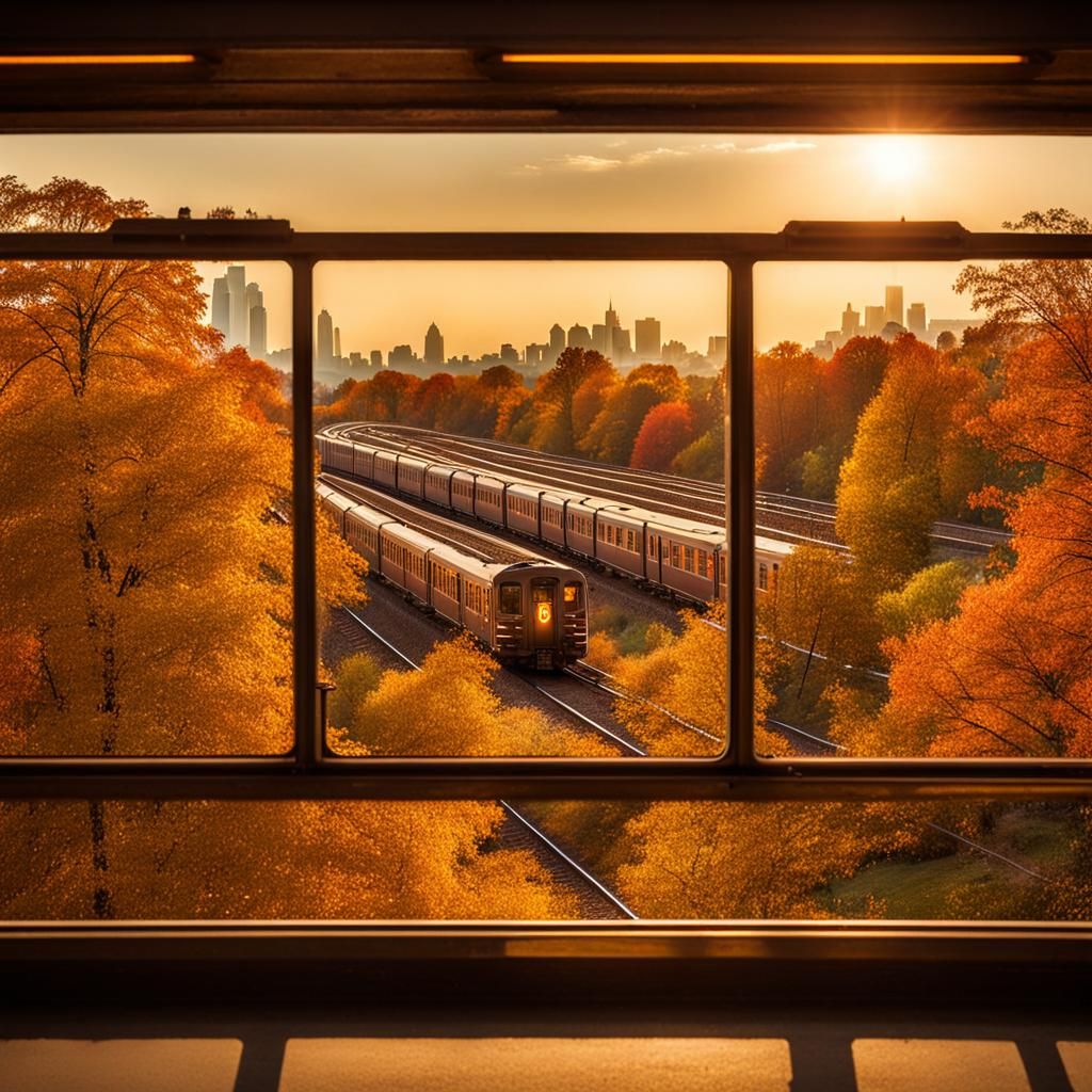Ethereal Cityscape Framed by Train Window in Autumn