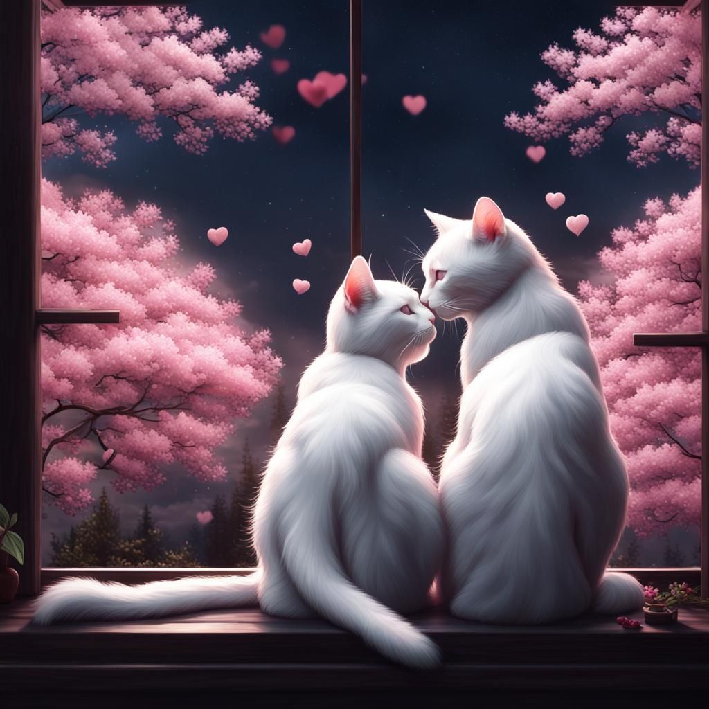 Two White Cats Kissing Under Cherry Tree