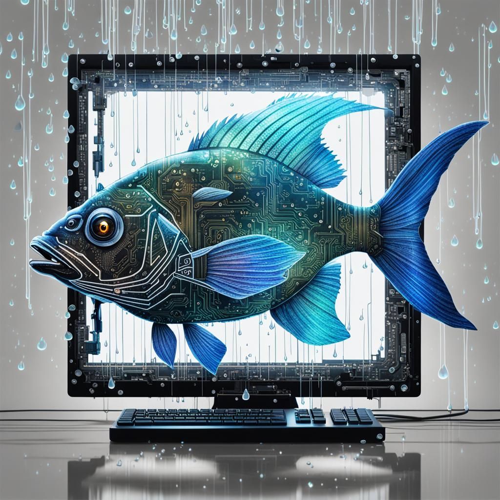 Circuit Board Fish in Holographic Rain: Ink Drawing