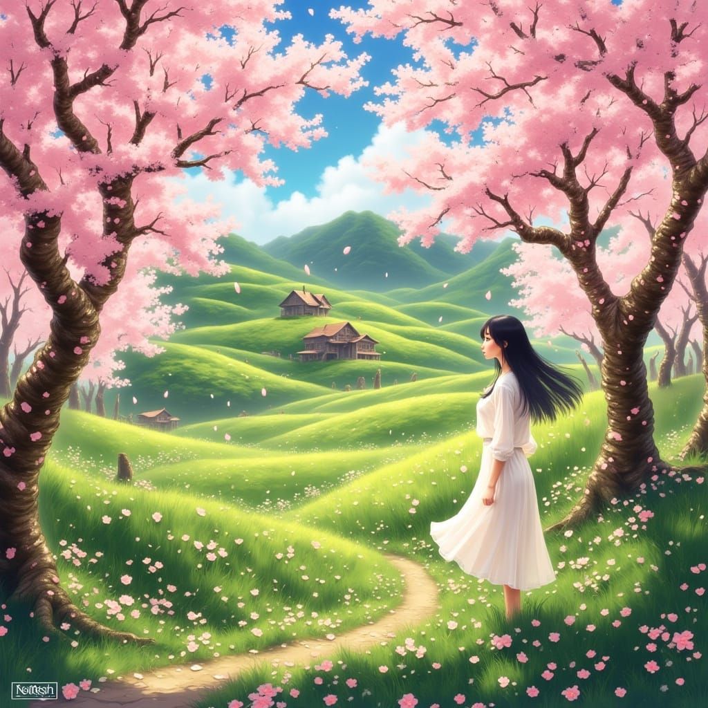 Serene Woman in Cherry Blossom Forest, Anime Style