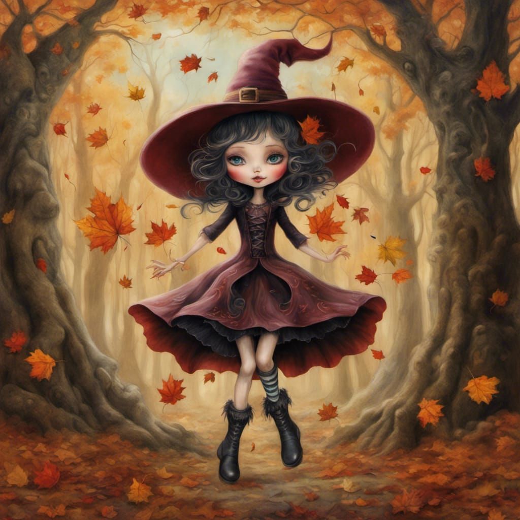 Whimsical Witch in Autumn Forest: Matte Painting