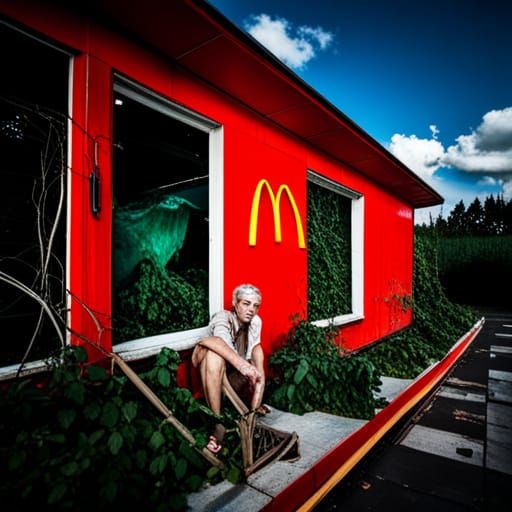 Abandoned McDonalds overgrown with vines and a zombie in the remains
