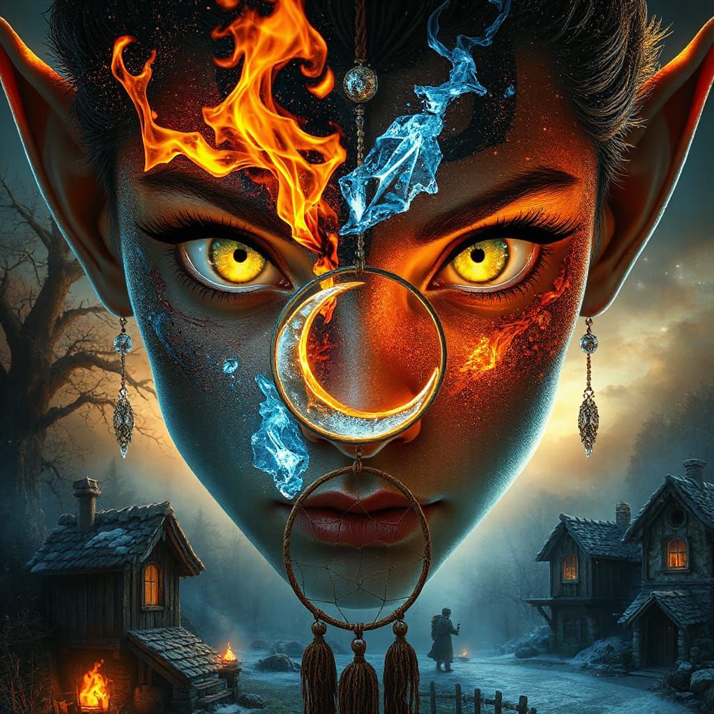 Yin Yang Face with Fire and Ice, Digital Art