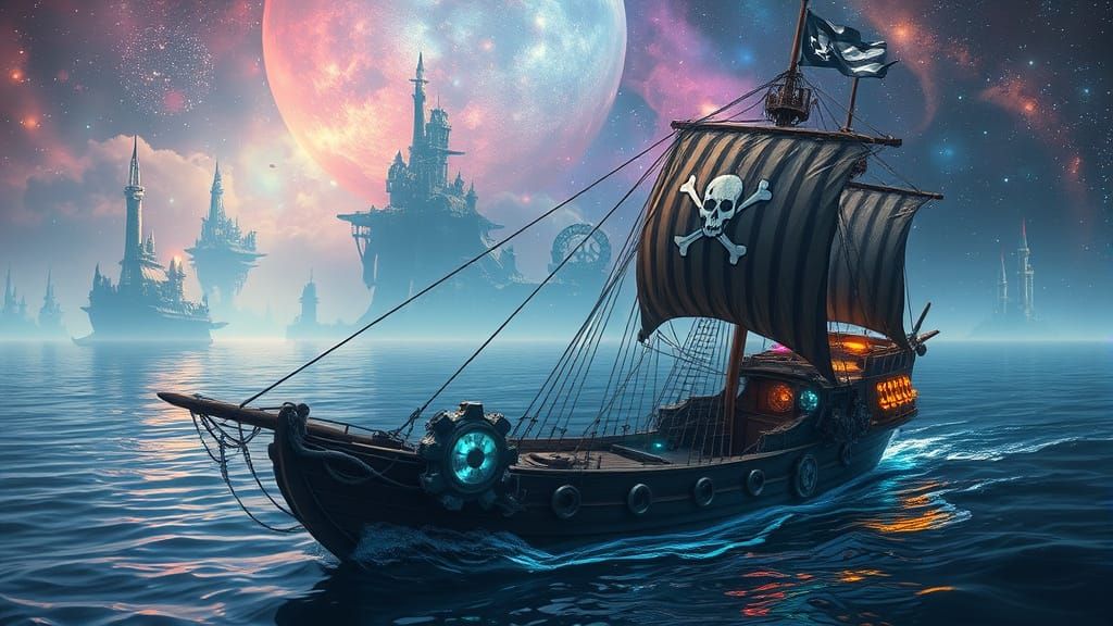 Pirate Galleon Navigates Liquid Starlight Sea