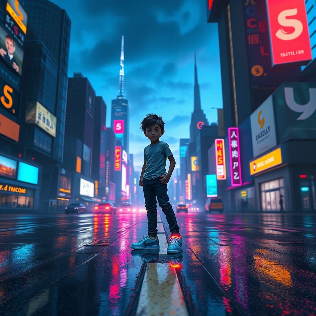 Heroic Boy in Futuristic Cityscape with Metallic Blue Shoes