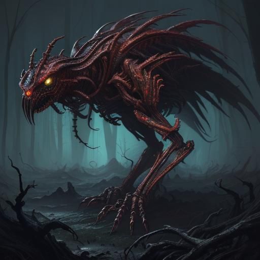 Biomechanical Bird Creature Infected by Viruses