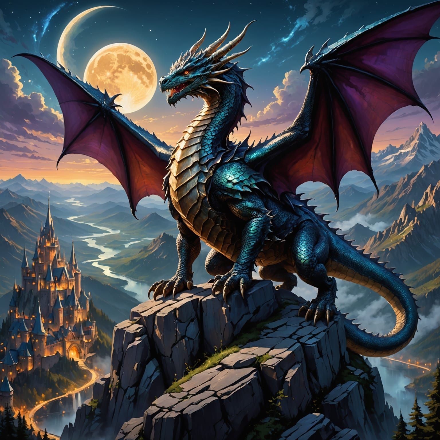 Majestic Armored Dragon Overlooking Fantasy Kingdom