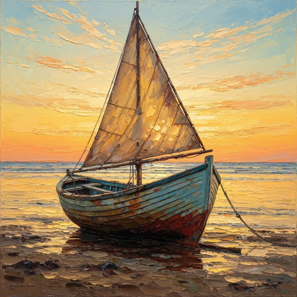 Sunset Beach: Impasto Painting of Old Sailboat