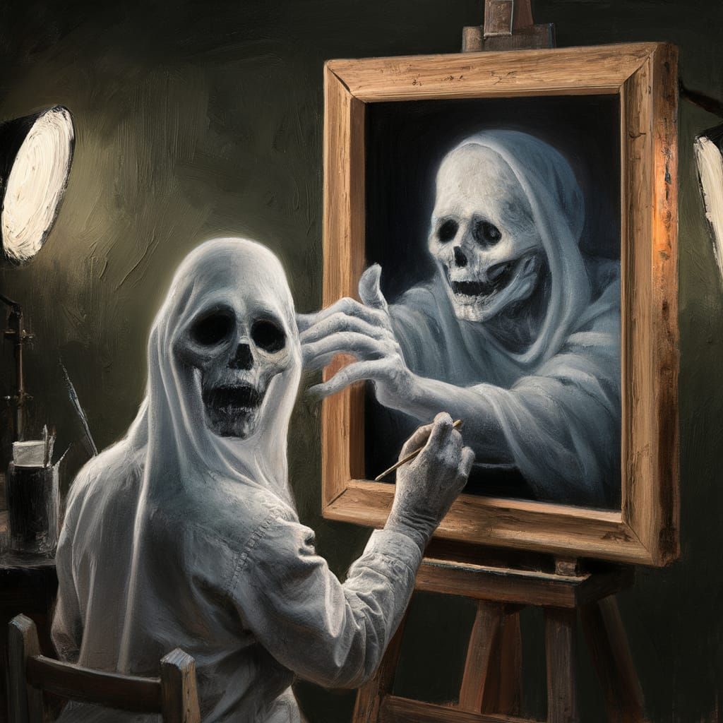 Ghostly Artist Paints Mysterious Portrait of Death in Studio