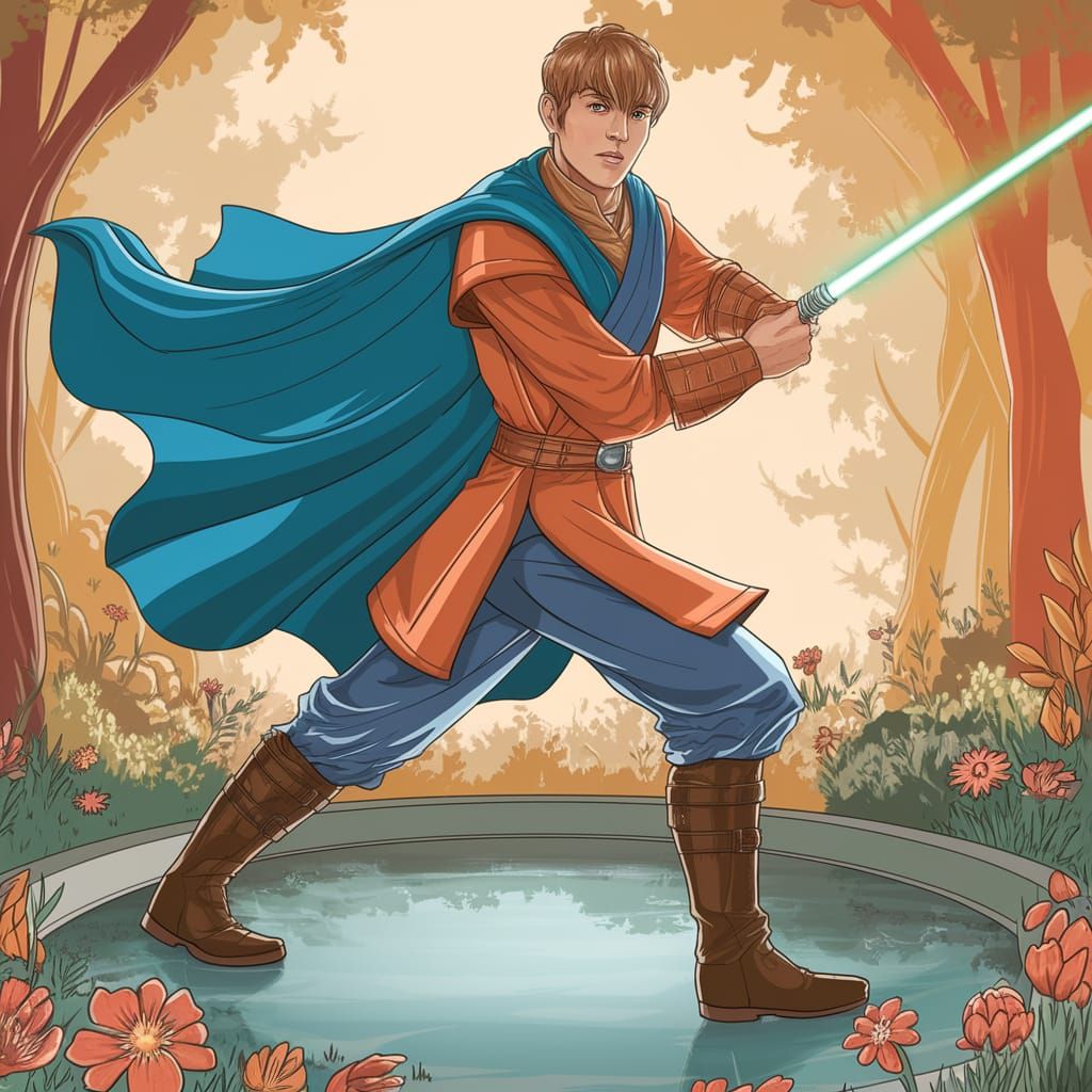 Jedi Knight in Vibrant Blue and Rust-Colored Robes, Surround...