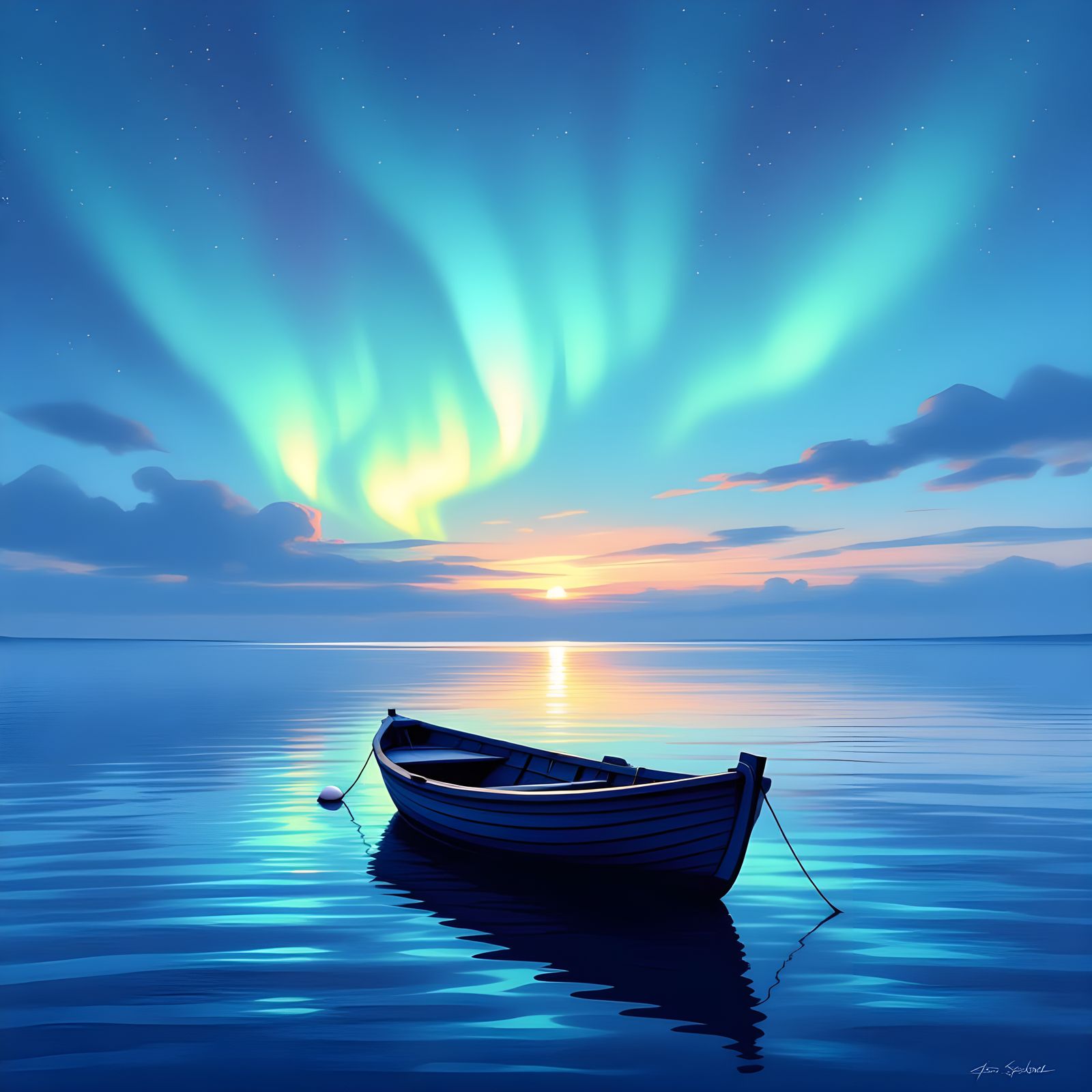 Serene Ocean Under Aurora Borealis, Painterly Style